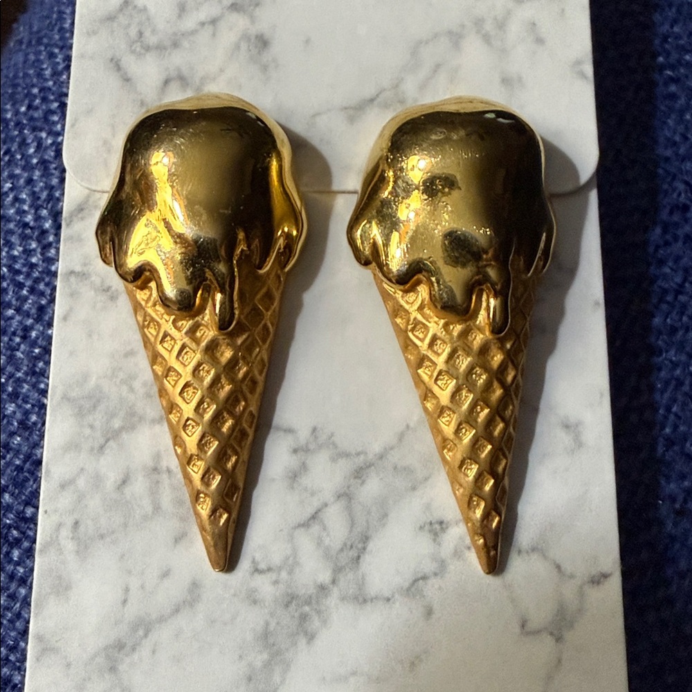 Rare/Scarce JJ Signed Ice Cream Cone Earrings Vintage Gold Tone Costume Jewelry